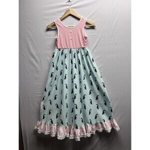 Jane & Jo Girls 8 Youth Penguin Blue Pink Maxi Dress Buttons Pockets Boutique